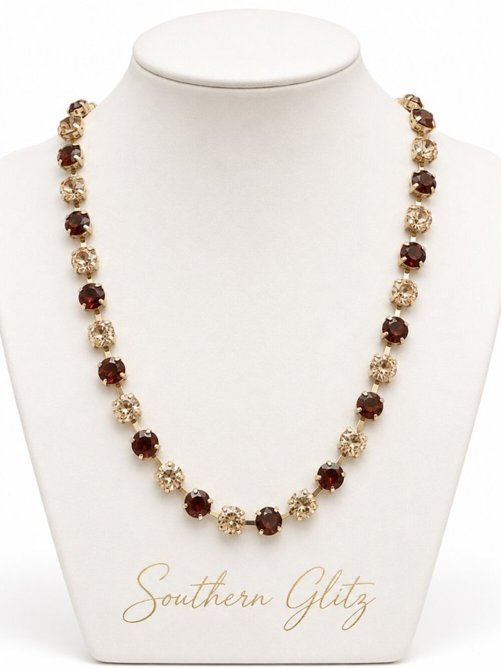 Brown and Champagne Crystal Necklace, Rhinestone Statement Necklace, Gold Tone N